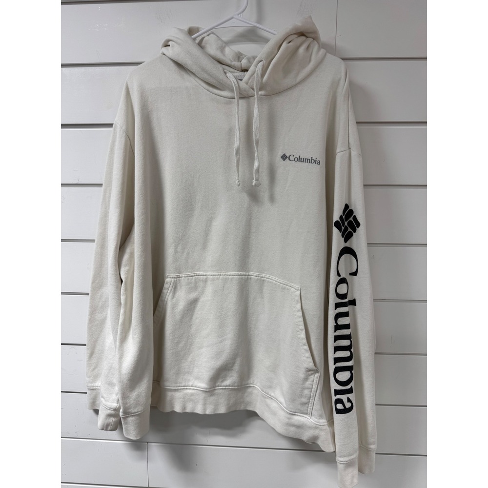 Columbia Mens Fleece Hoodie Pullover White Logo Sleeve Graphic Work Sweatshirt